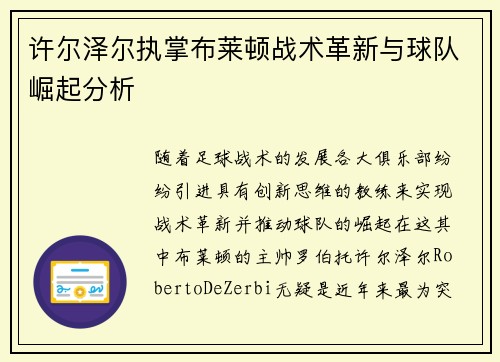 许尔泽尔执掌布莱顿战术革新与球队崛起分析 许尔泽尔执掌布莱顿战术革新与球队崛起分析
