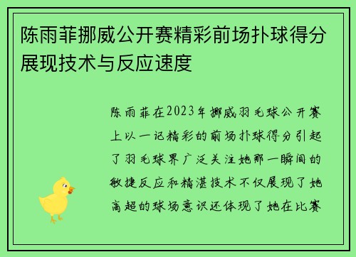 陈雨菲挪威公开赛精彩前场扑球得分展现技术与反应速度