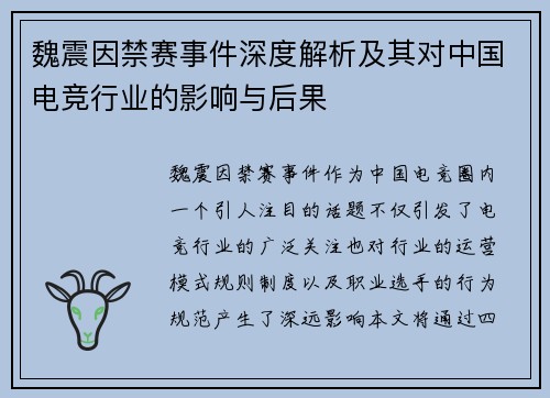 魏震因禁赛事件深度解析及其对中国电竞行业的影响与后果 魏震因禁赛事件深度解析及其对中国电竞行业的影响与后果